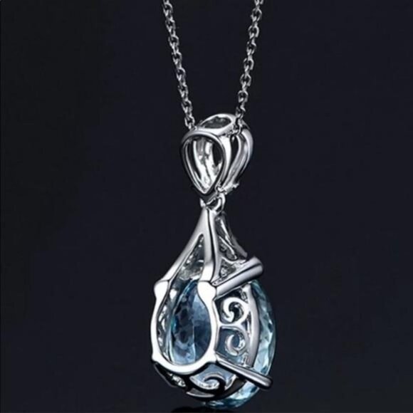 AQUAMARINE 925 STERLING SILVER DIAMOND NECKLACE, NICE NECKLACE, CUTE NECKLACE - Picture 4 of 6